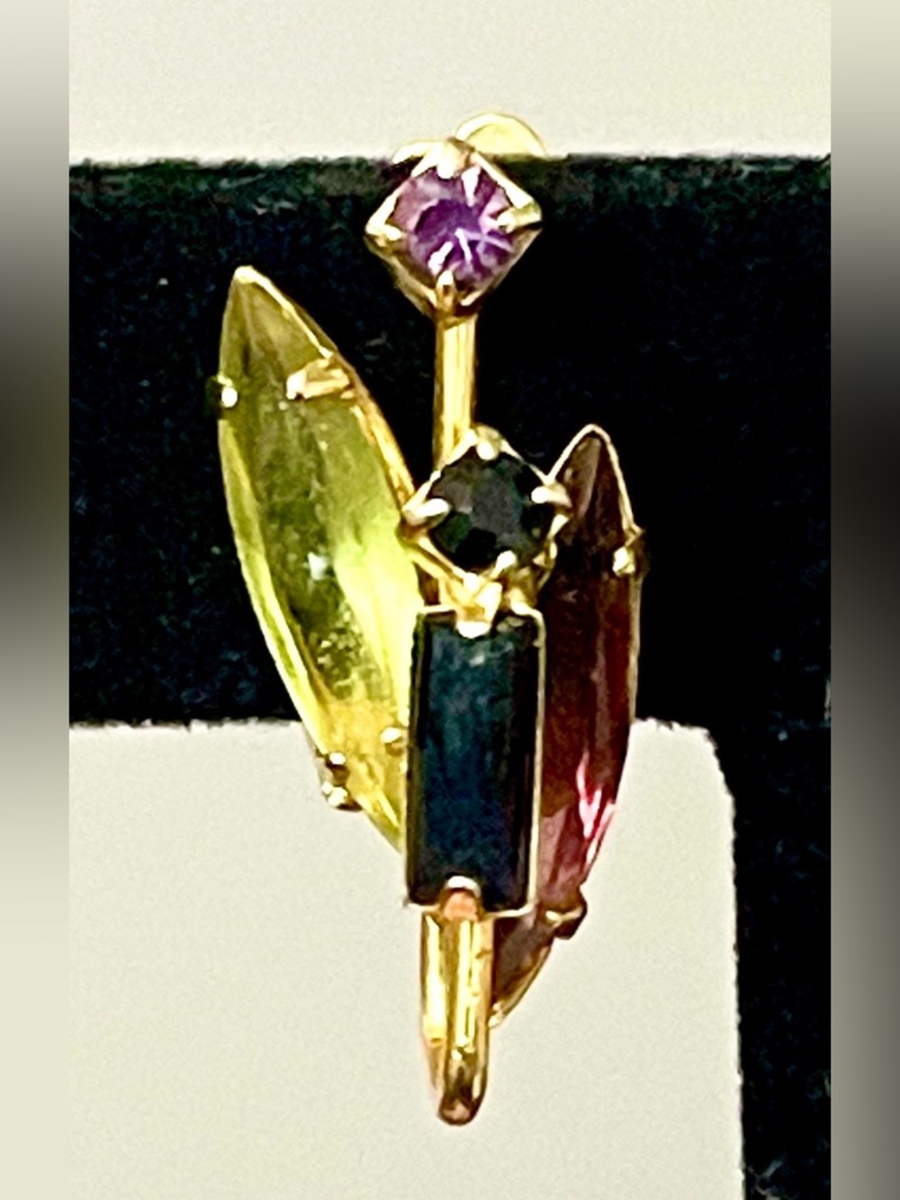 Vintage MCM Atomic Glass Rhinestone Floral Clip Earrings Green Black Purple Red - Picture 3 of 8
